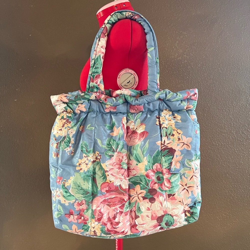 Vintage Tote Folks Blue Floral Plush Tote Bag